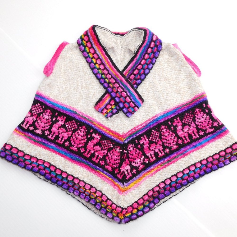 Girls Multicolour pink purple white Alpaca Knit Poncho Toddler 2T / 3T